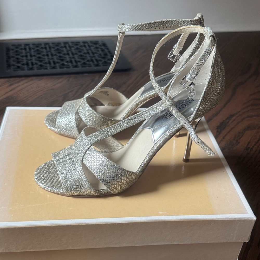 Michael Kors Silver Glitter T-Strap High Heel Sandals